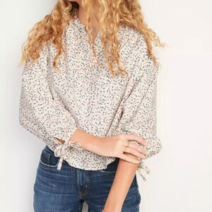 Old Navy Oversized Ditsy-Floral baby Corduroy Tie-Sleeve Top Size XL long sleeve